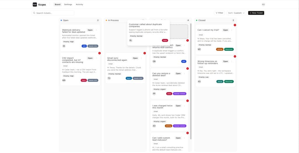 Ticqex Kanban board with Open, In Process, and Closed ticket columns